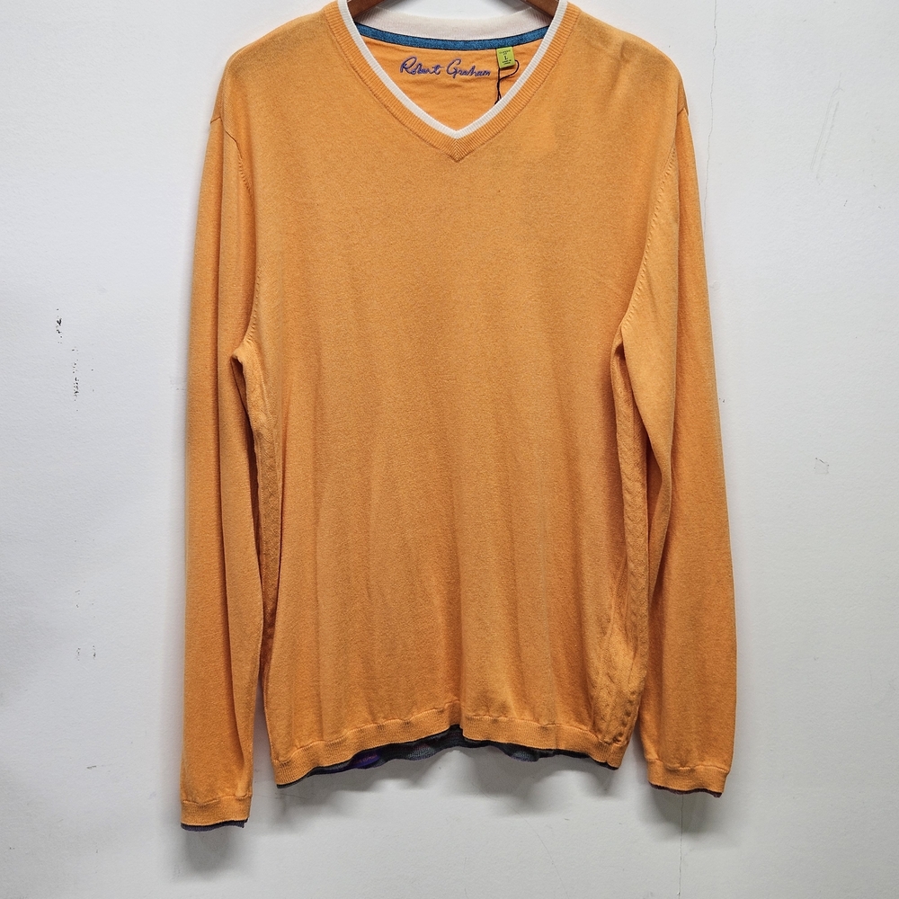 Robert Graham Pullover Peppermint CTNSILKCASH Blend V-Neck Size L Orange Layer